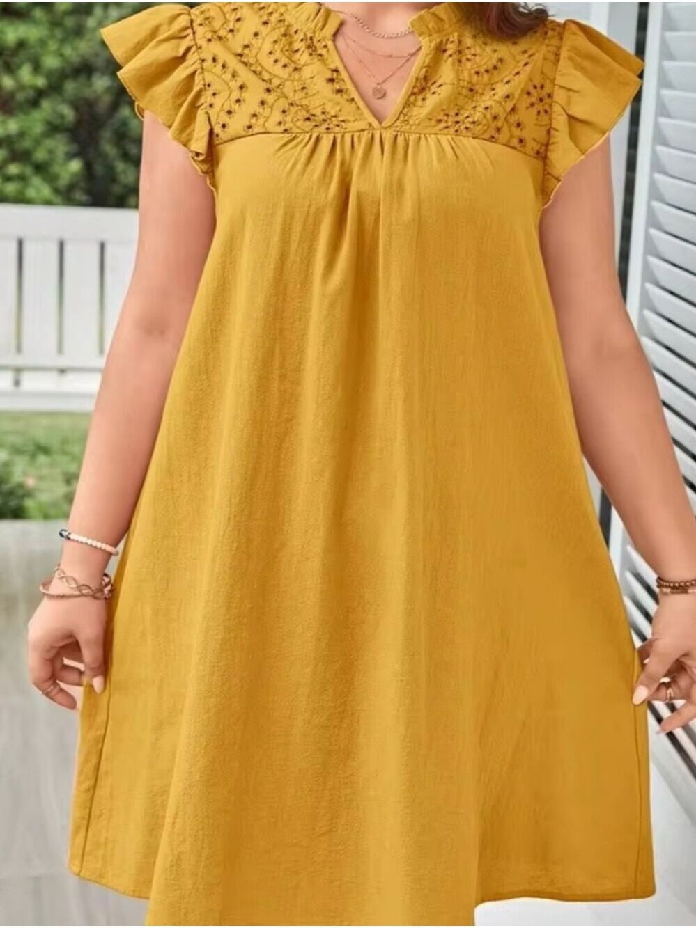 Emery Rose Boho Cotton Mustard Yellow Eyelet Ruffle Sleeveless Mini Dress. XL